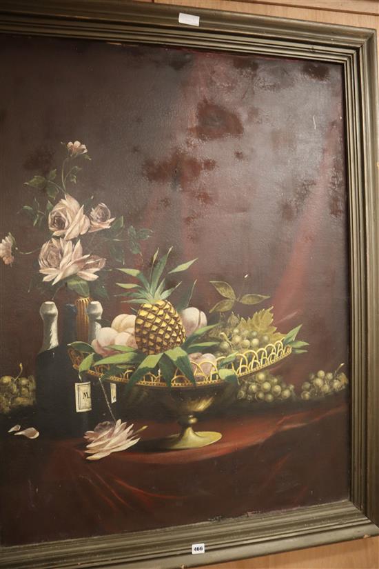 M. Berthelon, oil on canvas, still life of Fruit and champagne bottles on a table top, signed, dated 1909, 122 x 91cm